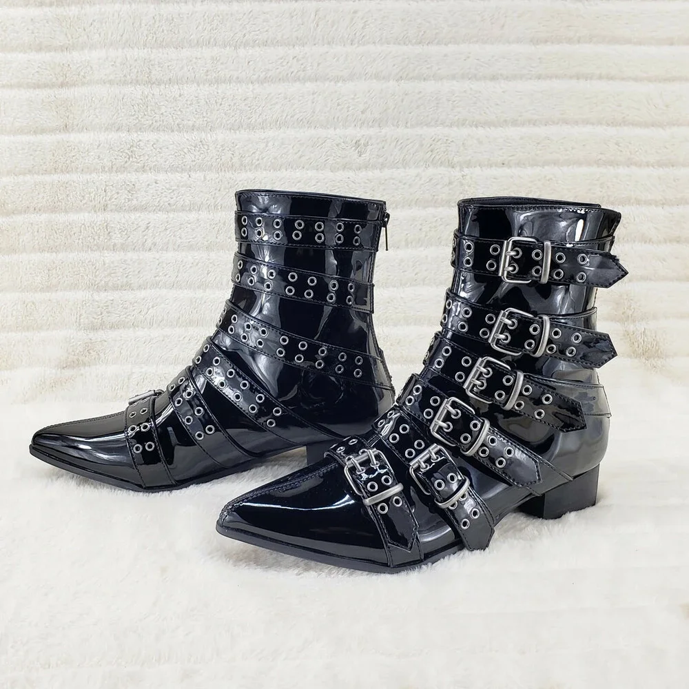 NIB DEMONIA Wicked Warlock 70 Multi Strap Winklepicker Ankle Boots Men's Patent
